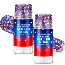 Patriotic Red White Blue Hair Glitter,4th of July Glitter Stick,Red White and Blue Accessories,Glitters Stick for Face,4th of July Decorations,USA Flag Makeup for 250 Anniversary(2PCS-02)