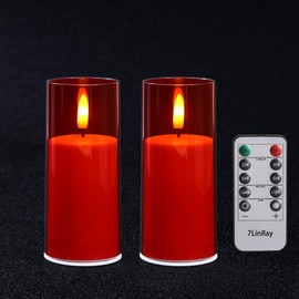 7LinRay 2" X 5" Realistic Flickering Flameless Candles Battery Operated Candles with Remote and Timer, Acrylic Red LED Flameless Pillar Candles for Christmas, Home, Wedding, Party, 2 Pack