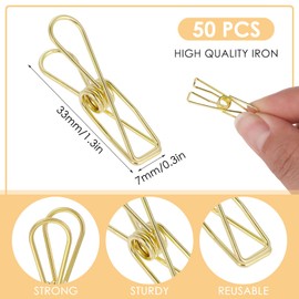 Prasacco Pack of 50 Gold Paper Clips, Mini Binder Clips, Metal Wire, Cute Paper Clips, Multi-Purpose Binder Clips for Documents, Bills and Creative Projects
