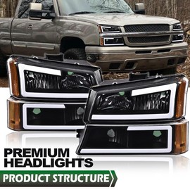 LQI LED DRL Headlight Assembly Compatible with Chevy Silverado 1500 2500 3500 HD Models 2003-2006,Compatible with Chevy Avalanche 1500 2500 2003-2006 Clear Lens Black Housing Amber Reflector