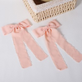 5.5" Coral Long Tail Chiffon Ribbon Hair Bows Alligator Clips 2pc Handmade Cotton Lined Frayed Fringe Ribbons Summer Dress outfits Decoration Accessories for Women Girls
