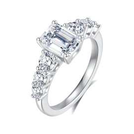 Jaransheti Moissanite Engagement Ring For Women 2ct Emerald Cut Half Eternity Ring 18K White Glod Plated S925 Sterling Silver 7-Stone Women Ring Jewelry Gift(S8)