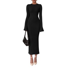 PRETTYGARDEN Sweater Dresses for Women 2025 Fall Bell Long Sleeve Crew Neck Bodycon Maxi Dress Winter Ribbed Knit Outfits (Black,Medium)