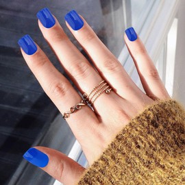 Press on Nails Extra Short Squoval Spring Summer Pure Blue Gel Glue on Nails Round Glossy Reusable UV Finish Fake Nails Full Cover Acrylic False Nails Short Stick on Nails for Women Manicure 24Pcs