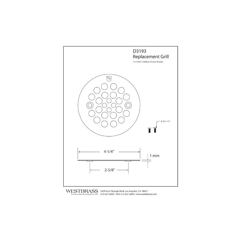 Westbrass D3193-20 4-1/4" OD Brass Shower Strainer Grid Drain Cover,
