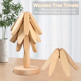 Wooden Trivets for Hot Dishes, Tree Shape Trivets Set, 3 Wooden Trivets + 1 Stand Stored Like a Tree, Beech Wood Trivets for Hot Pots, Pans, Bowl, Teapot, Practical Trivets on The Kitchen Counter