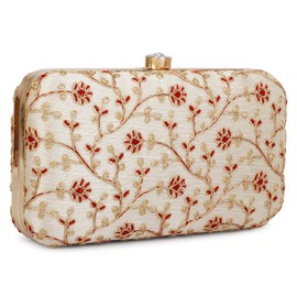 LONGING TO BUY Hand Crafted Designer Box Clutch For Women, Zari Embroidery Clutch For Women/Hand Clutch For Women, Red & Golden-1, Wedding Clutch