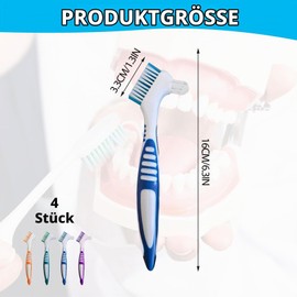 argtnayk Pack of 4 Denture Toothbrushes, Double-Sided Toothbrush with Hard Bristles, Effective Cleaning for Dentures and Braces, Ergonomic Design with Four Colours for Easy Use
