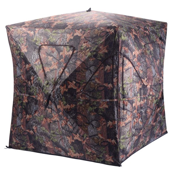 Tangkula 2-3 Person Pop up Ground Blind, Portable Hunting Blind with 360 Degree Mesh Windows, Carrying Bag & Ground Stakes, Camouflage Hunting Tent with Hub System, Camo Deer Blinds for Hunting