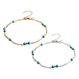 2 Pieces Turquoise Bead Anklets, Ankle Bracelets For Women, Silver Anklets For Women, Boho Anklets For Women, Big Ankle Bracelets For Women, Beach Jewelry For Women