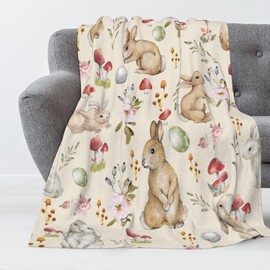 FJTP Luxury Plush Easter Blanket Cute Bunny Easter Egg Flower Leaves Throw Blanket for Couch,Lightweight Soft and Warm Throws Blankets for Sofa Bed Living Room in Spring 50"x40"