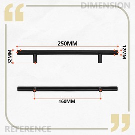 Bwintech 12 Pcs 250MM (160MM Hole Center) Matt Black Cabinet Pull Handles Kitchen T Bar Handles, Stainless Steel, Ideal for Cabinet, Drawer, Cupboard