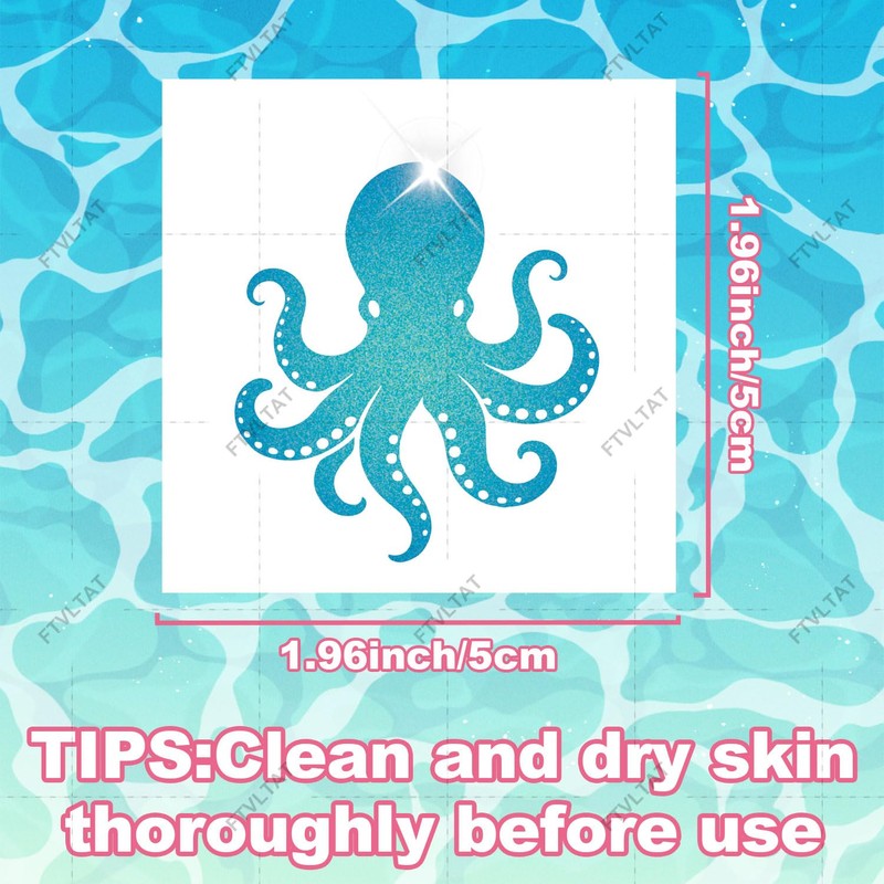 FTVLTAT 20 Sheets Glitter Ocean Animal Temporary Tattoos, Shimmering Sea