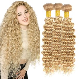 P27/613 Highlight Human Hair 3 Bundles Deep Wave Bundle Brazilian Remy Human Hair 3 Bundle Blonde And Honey Blonde Color 100G/Bundle Highlight Human Hair 3 Bundle 8 10 12 Inch