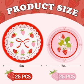 FYSUIMU 50Pcs Red Pink Strawberry Paper Plates Cute Bow Strawberry Disposable Plates 7 & 9 Inch Dinner Dessert Plates for Wedding Birthday Baby Shower Party Supplies | FYSUIMU