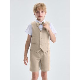 LOLANTA Boys Linen Suit 4 Piece Summer Gentleman Outfit Kids Dress Vest Shirt Shorts Set for Wedding Graduation(Khaki,6)