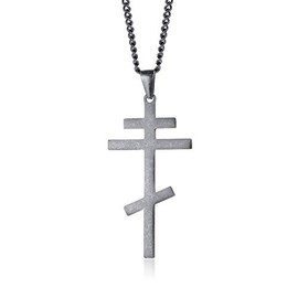 Rockyu Men's Gray Orthodox Cross Necklace Stainless Steel Russian Orthodox Cross Pendant Hip Hop Chain Religious Jewelry 24 Inch Gift