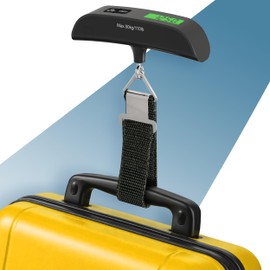 PORTENTUM Pesa valigia da viaggio digitale con schermo LCD – fino a 50 kg – Blocco automatico della lettura – Bilancia per valigie portatile con indicatore di temperatura