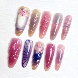 30Pcs Flower Press on Nails Long Stiletto Nails 3D Hibiscus Fake Nails with Gradient Designs Glue on Nails Summer False Nails Full Cover Cute Acrylic Nails Flower Stick on Nails for Women Nail Art