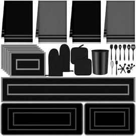 Purpeak 37 Pcs Black Kitchen Decor and Accessories Set Include 20 Kitchen Utensil Set 4 Dish Towels 2 Oven Mitts and Pot Holders 3 Rugs 6 Placemats for Home Farmhouse Cooking Baking Housewarming Gifts