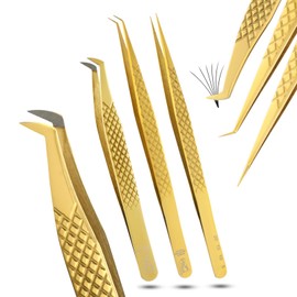 My Lash Tools Eyelash Extension Curved Degree Tweezers for Isolation Lash Extensions 14cm, Best for Individual Isolation & Classic Lashes Japanese Stainless Steel Eyelash Twisers (Gold x 3pcs Set)