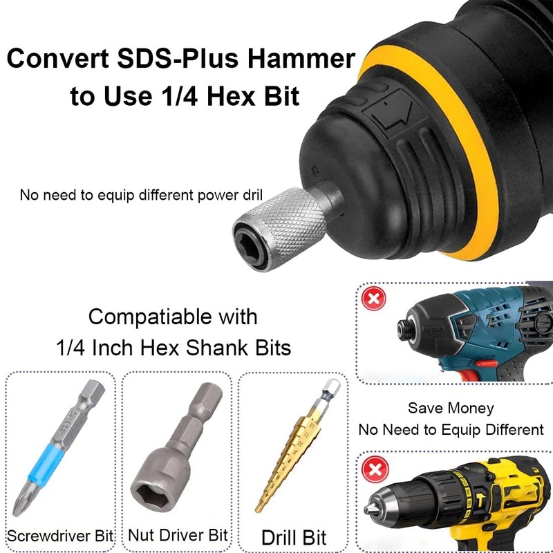 QIBZI SDS Shank Drill Bit 6.35mm SDS Plus Adapter for