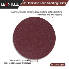 LEONTOOL 2 Inch Hook and Loop Sanding Discs 180 Grit 100Pcs Sandpaper Discs for Random Orbital Sander Pads Grinding Polishing Metal Wood Rubber Leather Plastic Stone Glass