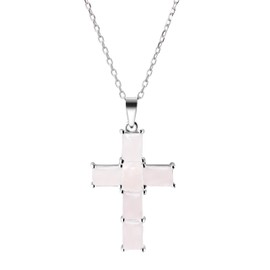 Franki Baker Sterling Silver Rose Quartz Crystal Cross Pendant Necklace, 50+5cm Length