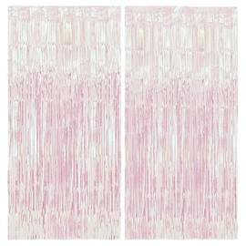 Hisxierng Iridescent Party Decorations Foil Fringe Party Backdrop Curtains 2 Pack 3.2x8.2 ft Holographic Tinsel Birthday Streamers Party Decorations for Girls Princess Bachelorette Euphoria Theme