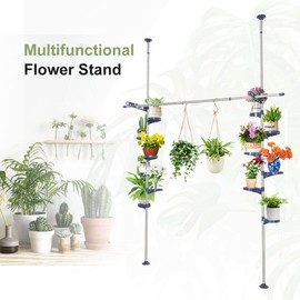 BAOYOUNI Indoor Tension Plant Pole Stands Double Rods Flower Pots Storage Shelf Floor to Ceiling Display Rack Hanger with 12 Trays, 2 Hooks & 1 Telescopic Rod for Clothes Drying, Navy Blue