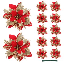 DOLACIA Christmas Artificial Flowers with Stems, 12 Pieces Xmas Glitter Poinsettia Flowers Wreath Ornaments for Christmas Tree, New Year, Wedding Party Garland Decoration(Red Gold)