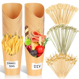 500PCS Charcuterie Cups with Sticks, Charcuterie Boards Accessories - Disposable Brown Paper French Fry Holder - 12 oz Appetizer Cups with Cocktail Toothpicks Skewers (80 Cups+320 Picks+100 Labels)