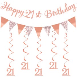 21st Birthday Party Rose Gold Decorations Happy 21st Birthday Bunting Banner With Hanging Swirls Streamers for Girl Women Adult Birthday Anniversary Party Decor Supplies