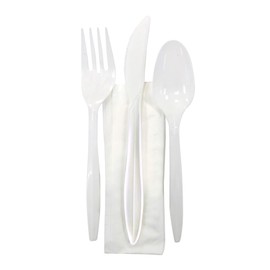 White Medium Weight Plastic Cutlery Kit with a Fork, Knife, Tea Spoons and Paper Napkin, 250 - Kits (4 Piece Kit)
