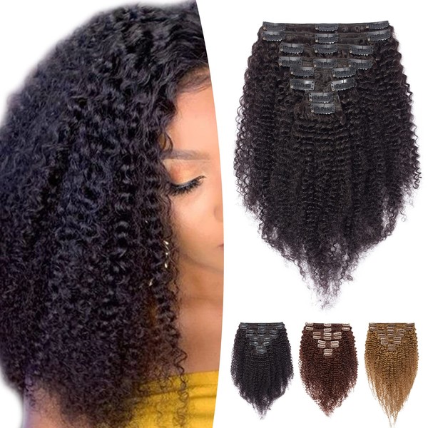 Clip-In Extensions Real Hair Afro Kinky Curly Double Weft Hair Extensions 40 cm - 115 g 8 Pieces 18 Clips Thick #1B Natural Black