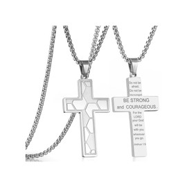 RWQIAN Silver Soccer Cross Necklace for Men Bible Verse,Religious Faith Christian Scriptures Joshua 1 9 Pendant Cross Chain, Baptism 1st First Communion Gifts for Boys Graduation Father's day Jewelry