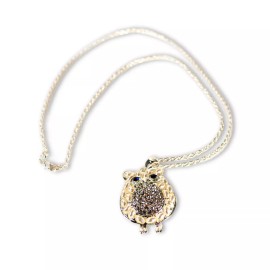 The Tiny Dragon CUTE OWL NECKLACE Faux Pearl and Rhinestone Pendant Sparkling Bird Silver Color
