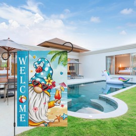 Heyfibro Welcome Summer Gnome Garden Flag 12x18 Double Sided Burlap, Hawaii Tropical Beach Holiday Ocean Sea Welcome Spring Flower Yard Banner for Seasonal Outdoor Party Decoration(ONLY FLAG)