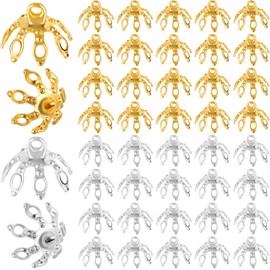 ANCIRS 50 Pcs Flower Bead Caps, End Cap Bails for Necklace, 7 Prong Bell Bead Cap, Metal Spacer Flower Beads for Bracelets, DIY, Crafts, Jewelry Making (25pcs Gold & 25pcs Silver)
