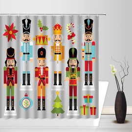 ZNLSU Christmas Nutcracker Shower Curtain Colorful Xmas The Nutcracker Poinsettia Berry Funny Cartoon Winter Holiday Merry Christmas Fabric Bathroom Curtain Sets with Hooks