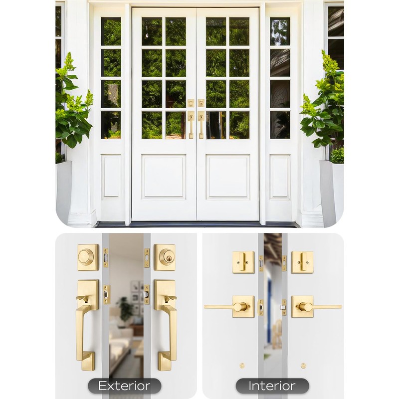 EHOMEWARE Double Front Door Handle Set, 1 Pack Satin Brass