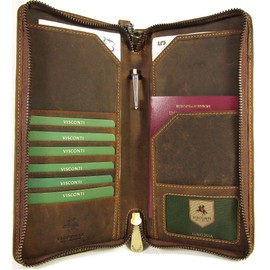Visconti Wing Unisex Hunter Leather Travel Wallet for Passport ID Currency Card Pen Boarding Pass RFID Security Detachable Wrist Strap Style 728 (Oil Tan)