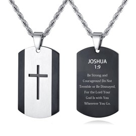 REVEMCN Black Silver Stainless Steel Dog Tag Cross Necklace for Men Boys Featuring Lord's Prayer Bible Verse Cross Pendant with 20-24 Inch Rope Chain, Inspirational Jewelry Gift for Boys and Men (JOSHUA 1:9 - Black, 24 inches + 5 inches)