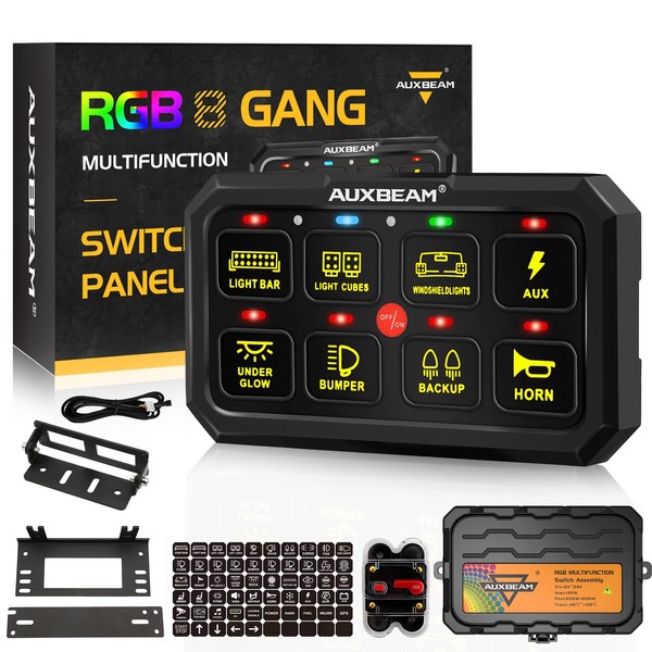 Auxbeam 8 Gang Switch Panel RA80 XL RGB 5 Inch Panel, 1" Larger Button Momentary Pulsed Toggle Switch Panel for Offroad SUV ATV UTV Truck Car Marine Boat, 2-Year Warranty