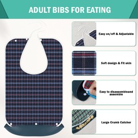 TaTazon Adult Bibs, 3 Pack Bibs for Women and Men Eating Washable, Reusable Adult Clothing Protectors with Detachable Crumb Catcher for Elderly Men(Green/Red/Blue with Straps)