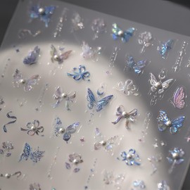 5D Embossed Blue Butterfly Nail Stickers with Pearl Design Butterfly Nail Art Stickers Self-Adhesive Rose Nail Decals Butterfly Summer Nail Supplies for Women Girl DIY Manicure Nail Art Decorations