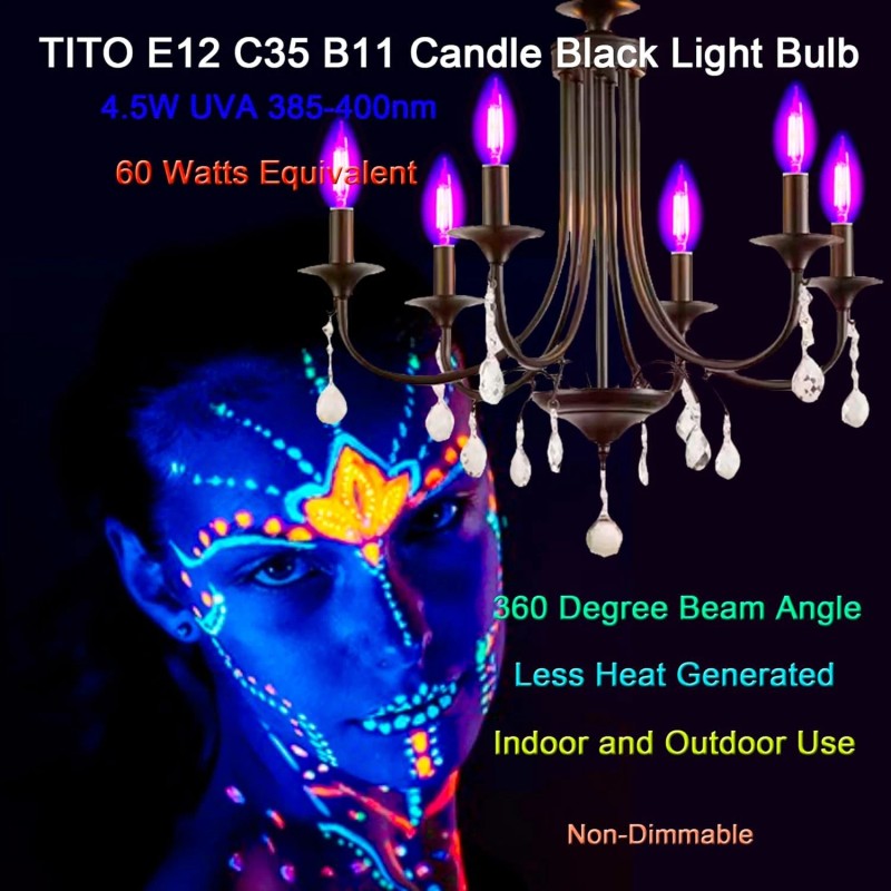 TITO 2 Pack E12 B11 Filament Candle Black Light Bulbs