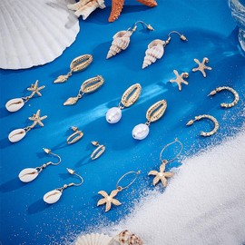 PH PandaHall 9 Pairs Shell Earrings Starfish Earrings Golden Ocean Earring Set Summer Jewellery for Women Beach Party Holiday Summer Theme Pendant Earrings Stud Earrings