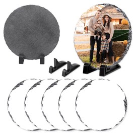 5Pcs Round Sublimation Slate Blanks 5.9X5.9 Inch Picture Frame Heat Transfer Rock Photo Plaque with DIY Custom Stone Slate Display Stand Christmas Decoration for Desktop Souvenir