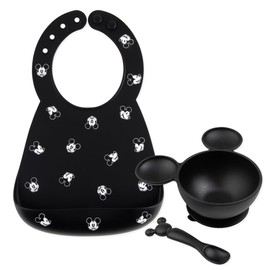 Bumkins - First Feeding Set - Silicone Bib, Bowl, Lid & Spoon - For Boys & Girls, Babies & Toddlers 6+ Months - Adjustable Catch-All Pocket Bib - Suction Bottom - Dishwasher-Safe - Mickey Mouse